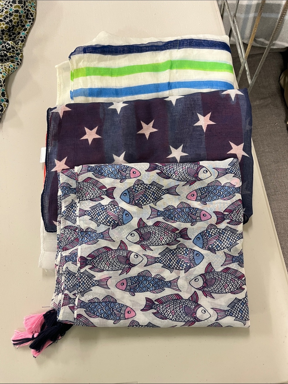Charming Charlie Multicolor Fish, Star, & Stripe Print, Lightweight Scarves
